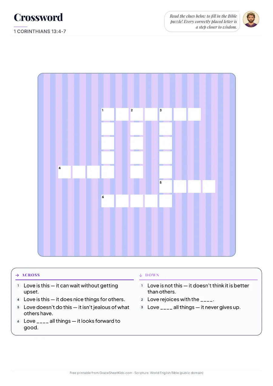 1 Corinthians 13:4-7 crossword worksheet for kids — preview