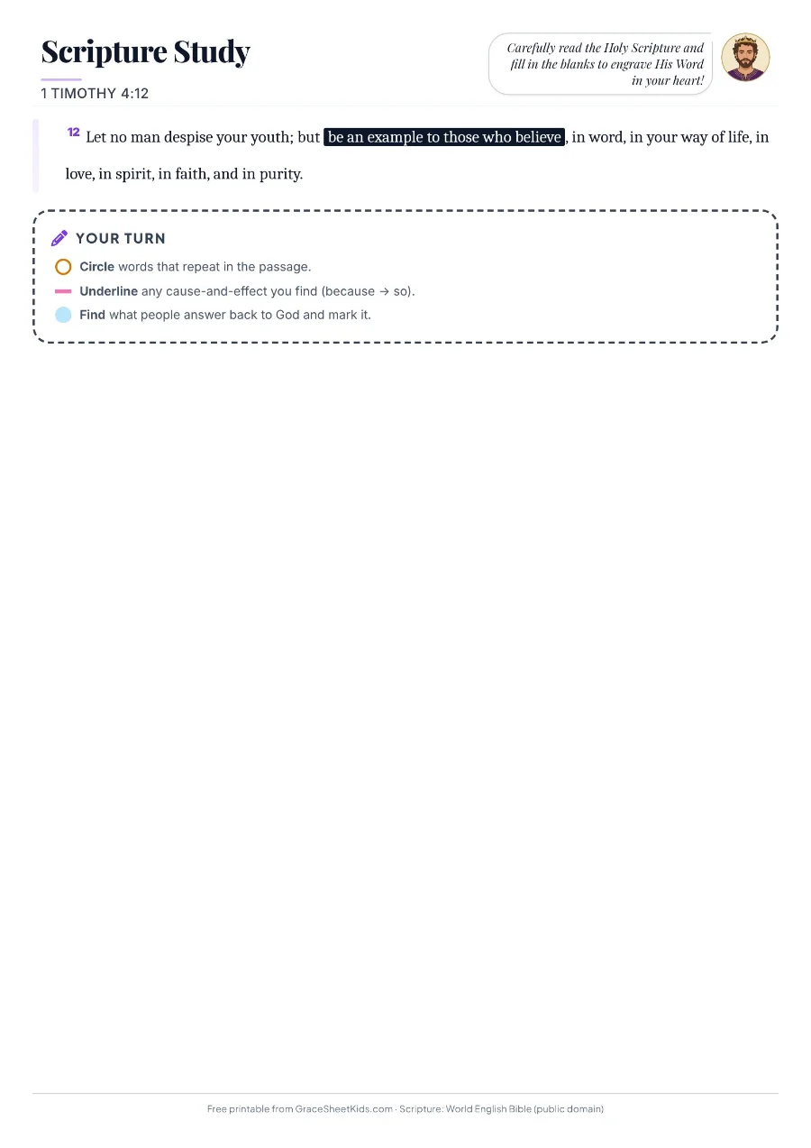 1 Timothy 4:12 memory verse study worksheet for kids — preview