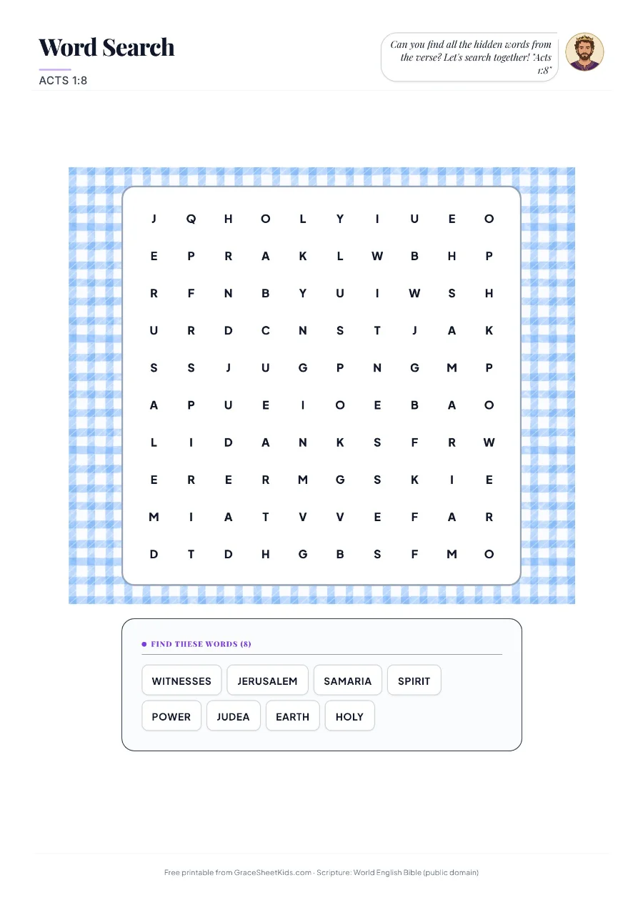 Acts 1:8 word search worksheet for kids — preview