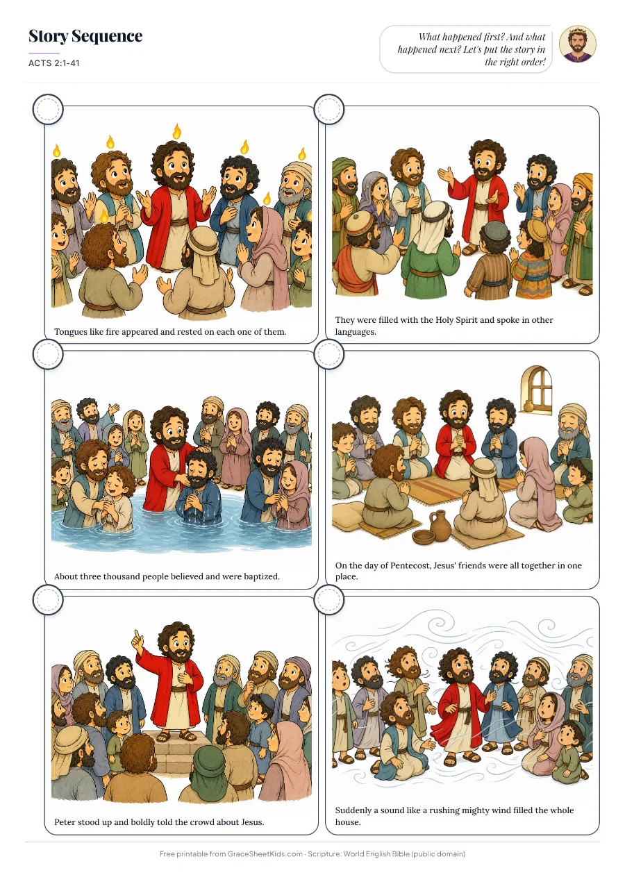 Acts 2:1-41 story order worksheet for kids — preview