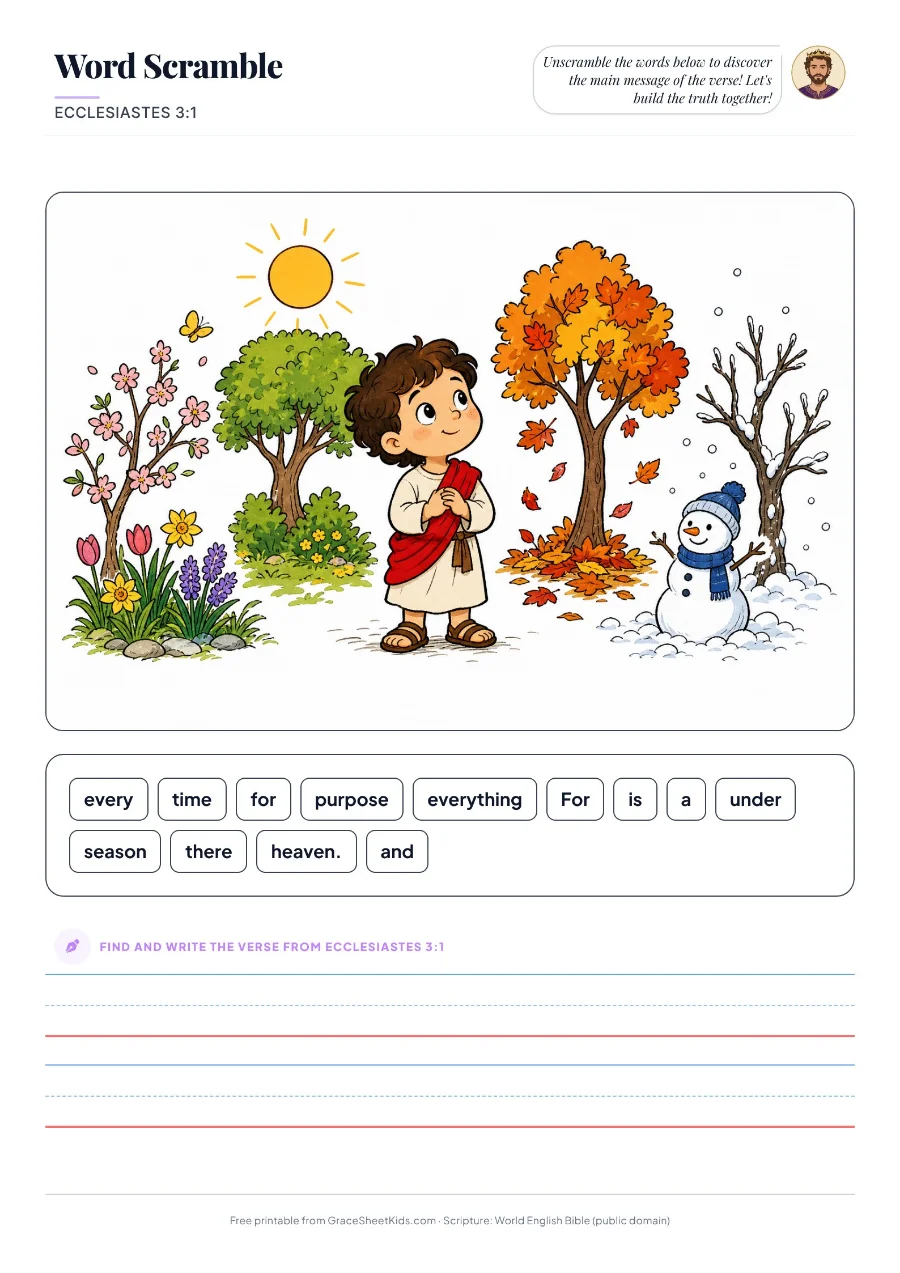 Ecclesiastes 3:1 word scramble worksheet for kids — preview