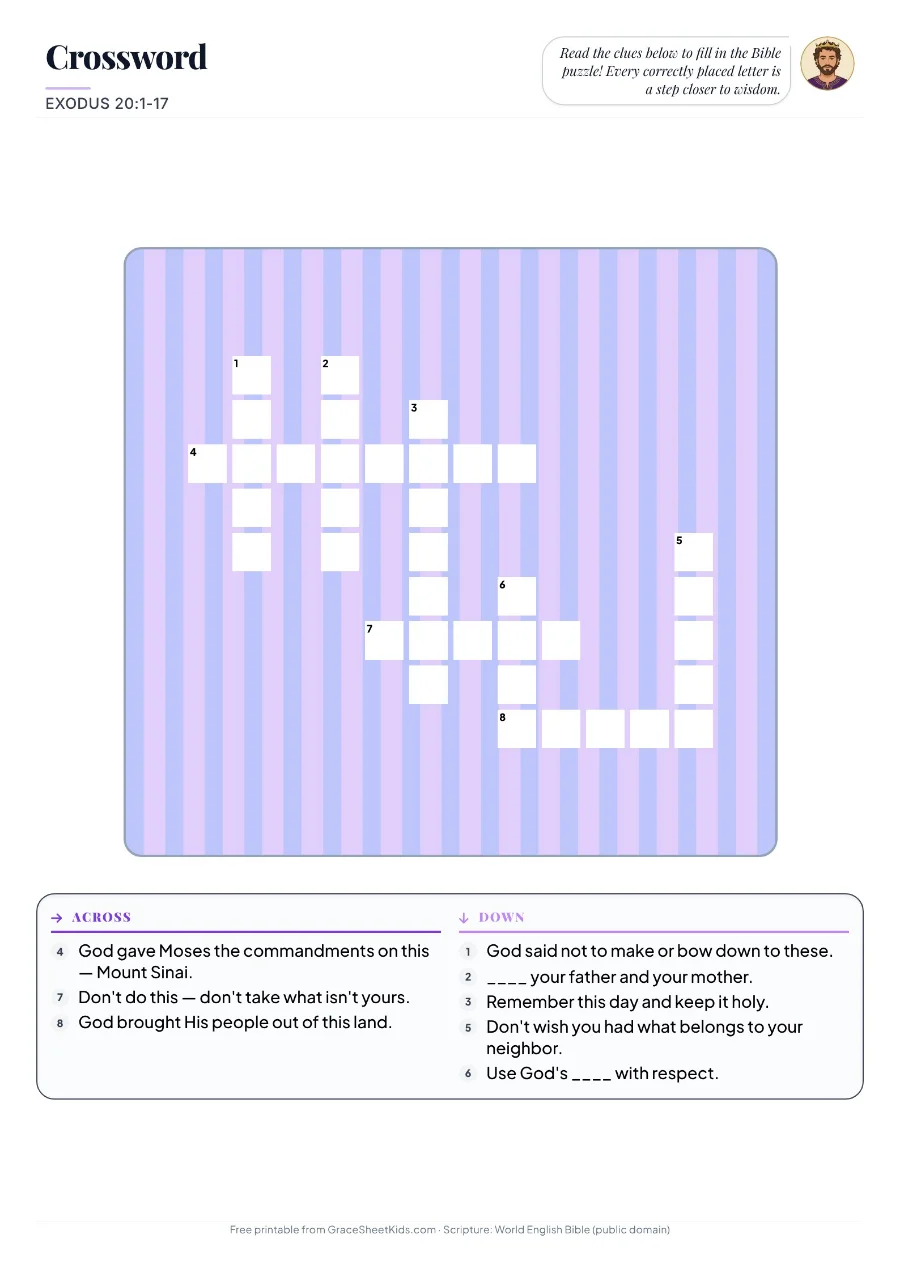 Exodus 20:1-17 crossword worksheet for kids — preview