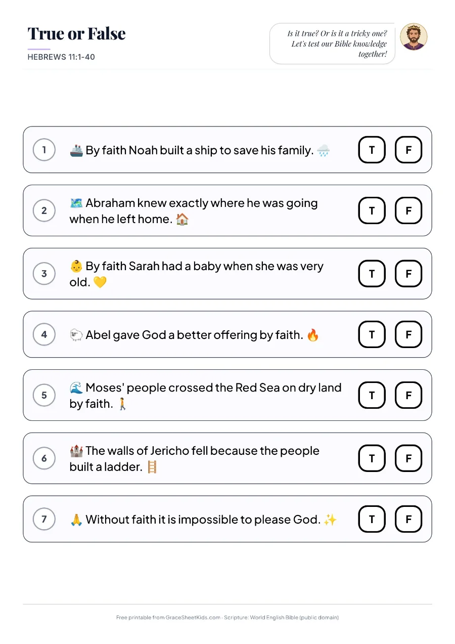 Hebrews 11:1-40 true or false quiz worksheet for kids — preview