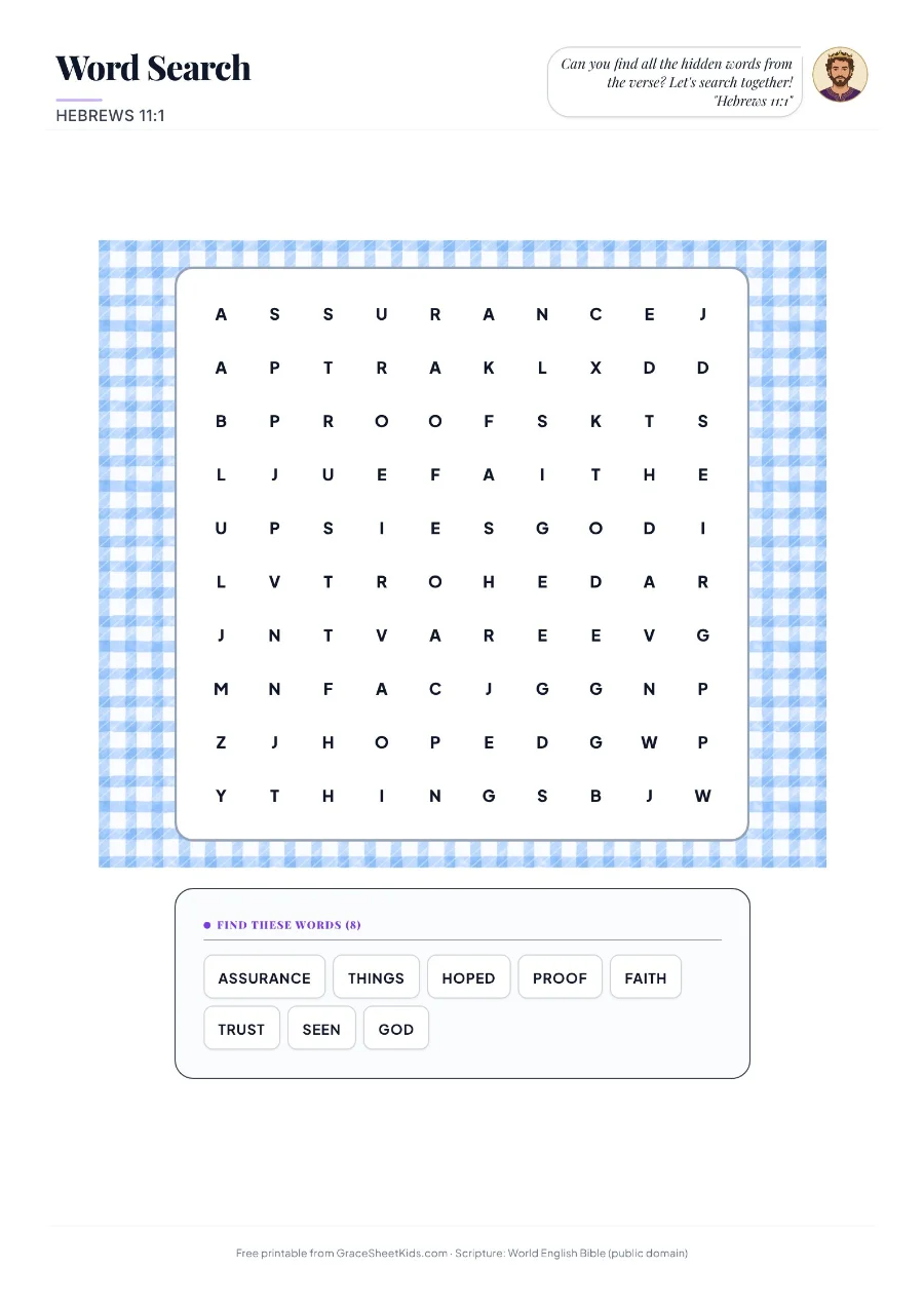 Hebrews 11:1 word search worksheet for kids — preview