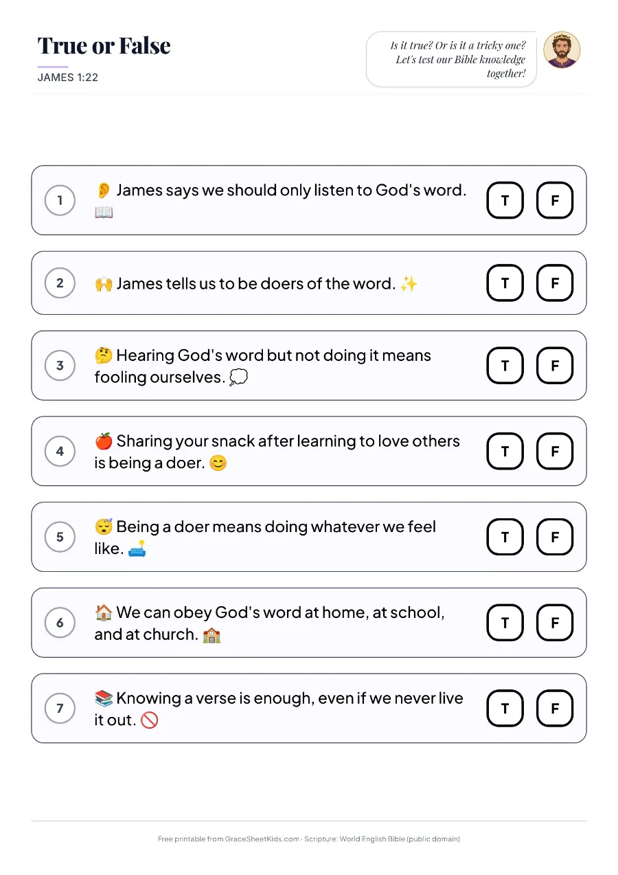 James 1:22 true or false quiz worksheet for kids — preview